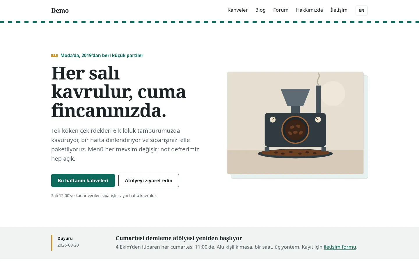 HisarBlok ile üretilmiş örnek bir kahve dükkânı sitesinin ana sayfası